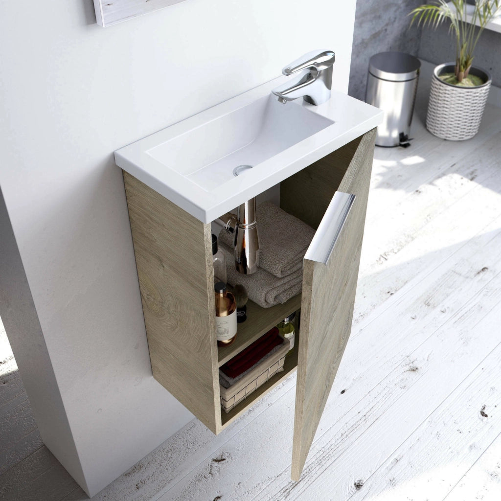 Mobile sottolavabo Akamaru, Mobiletto per bagno sospeso, Armadio a 1 anta e specchio, cm 40x22h58, Rovere