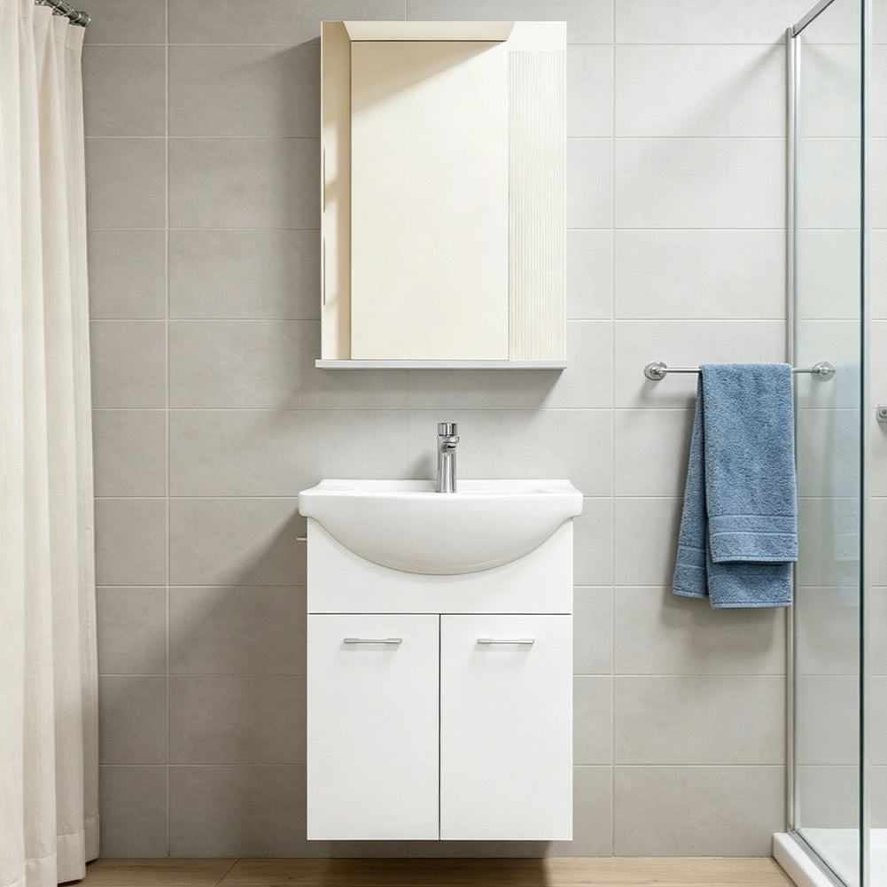 Mobile da Bagno Sospeso Completo Bianco Larghezza 55 cm Specchio e Rubinetteria