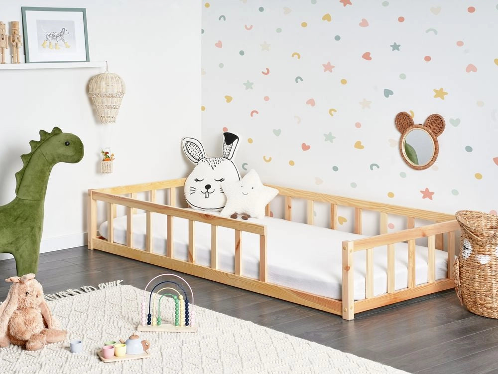 Letto singolo per bambini in legno marrone chiaro cameretta con telaio a doghe 90 x 200 cm