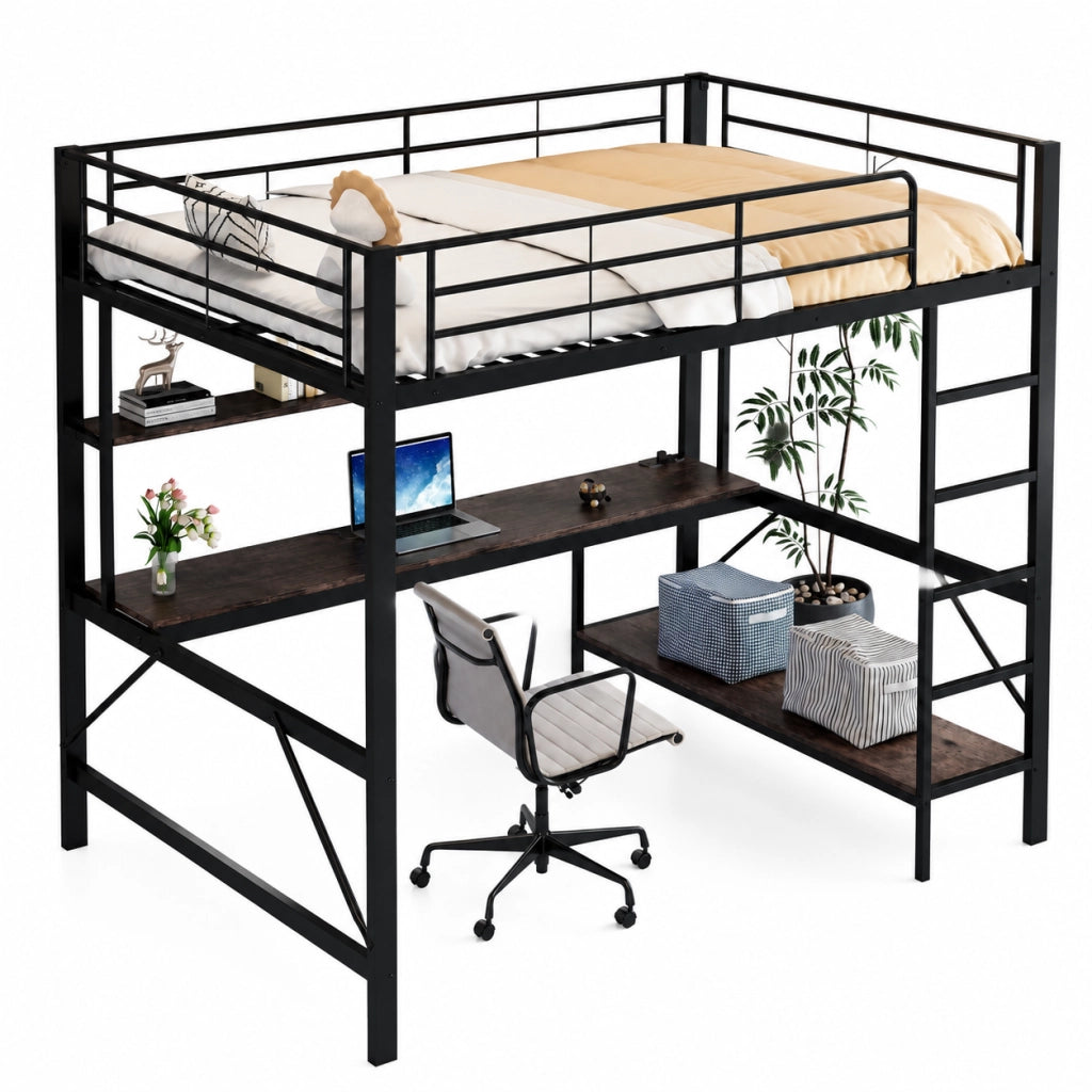 Letto a soppalco 140x200 cm; con scrivania e mensola; metallo; nero (Senza materasso)
