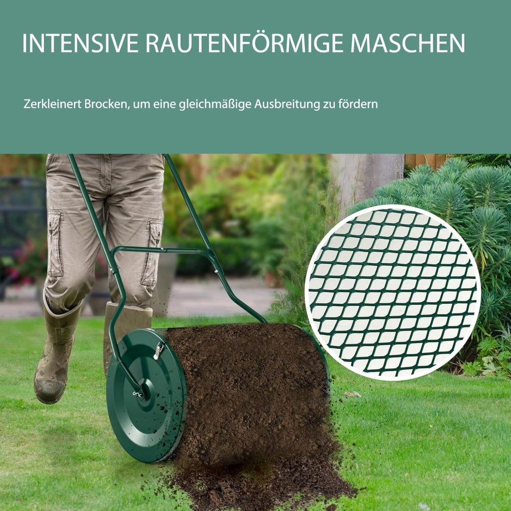 Rullo Spargiconcime Prato da 80L, Spargiconcime a Rullo Ø41 x 68 cm con Manico e Cestello in Rete Metallica, Spargiterriccio da Giardino per Concimazione e Semina (Verde)