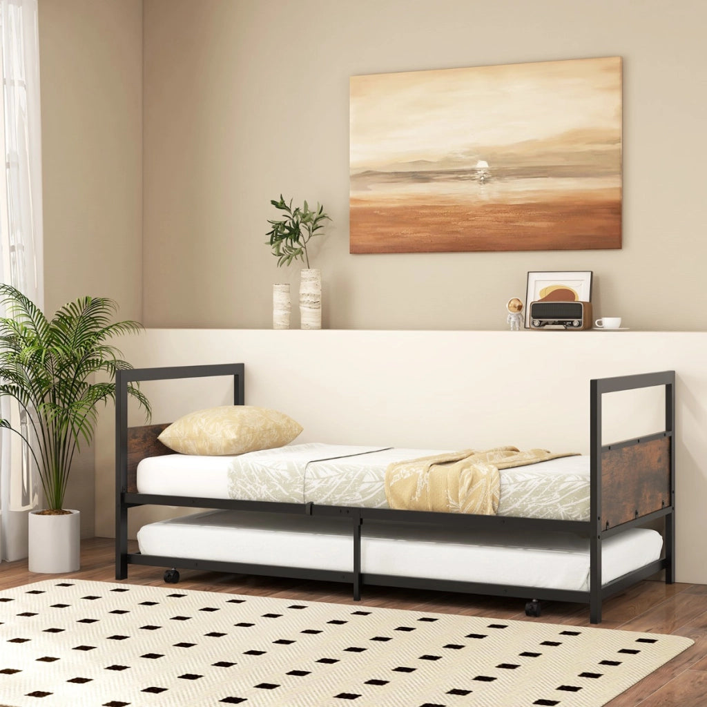 Letto estraibile singolo con gambe pieghevoli e rotelle universali-Struttura del letto 97x204,5cm Marrone