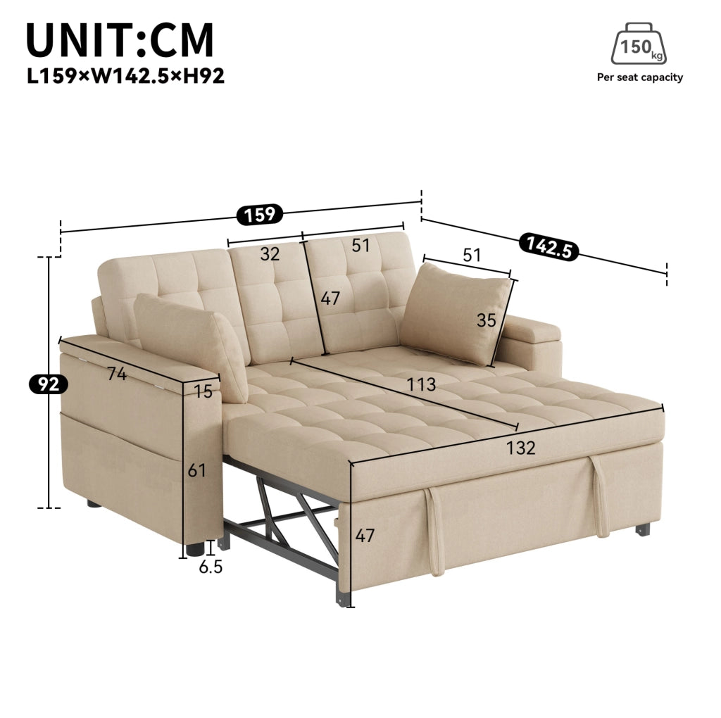Divano letto 2 posti estraibile con schienale regolabile e vani portaoggetti; beige