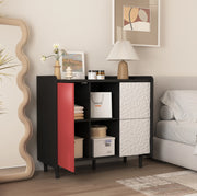 Credenza sideboard in MDF nero e rosso 90x40x80 cm con 2 cassetti e vano aperto