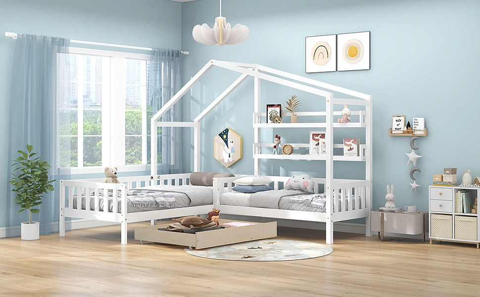 Letto a casa per bambini bianco con cassetti e mensole in legno massello e mdf struttura l 90x200 cm