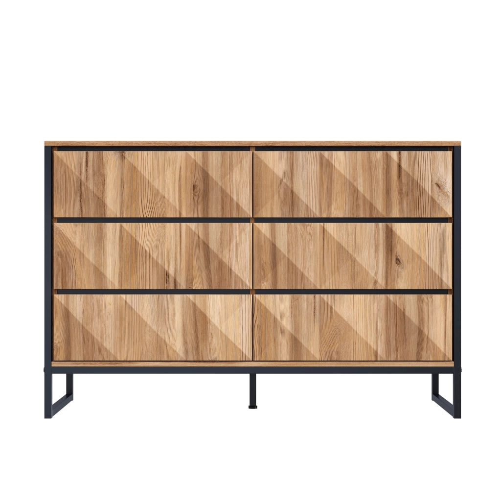 Cassettiera con 6 Cassetti e Struttura in Metallo; Frontali Testurizzati; Stile Moderno; per Soggiorno; in Truciolare; Nero Naturale; 120??40??80 cm
