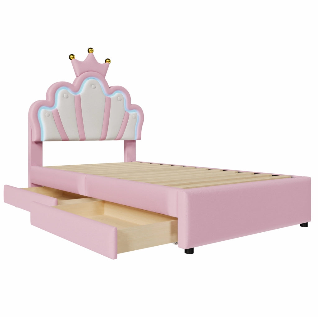 Letto imbottito 90x200 cm; testiera regolabile e luci LED; PU rosa (Senza materasso)