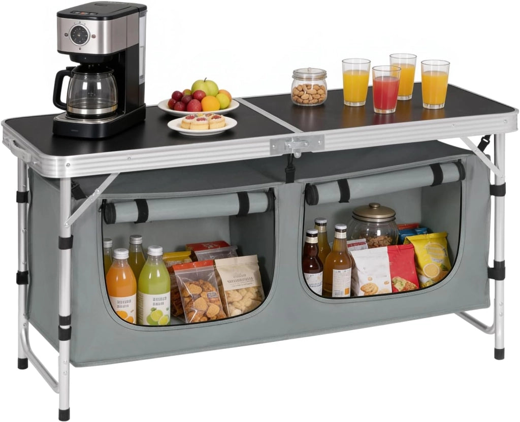 Tavolo da Picnic Pieghevole, Mobile Cucina da Campeggio, Esterno, in MDF e alluminio con 2 Scomparti Regolabili in Altezza, 120 x 47 x 62/69.5 cm