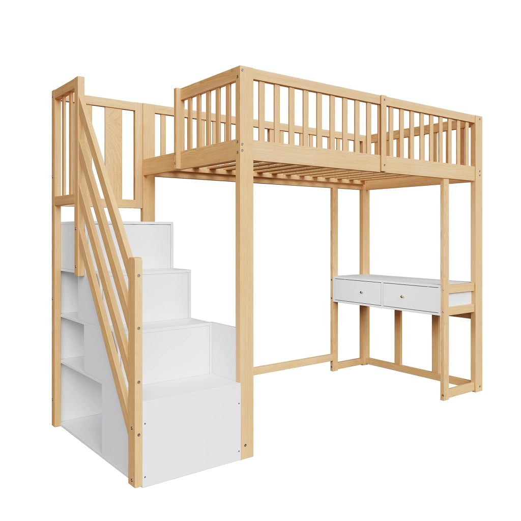 Letto a Soppalco 90 x 200 cm; Letto Singolo con Scrivania e Scala Contenitore; senza Materasso
