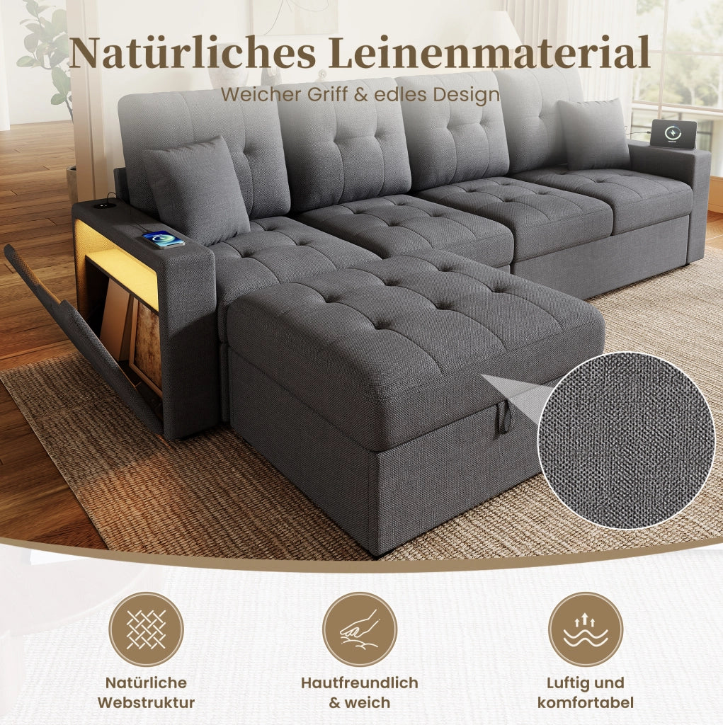 Divano 4 posti con pouf contenitore, LED e porte USB/Type-C