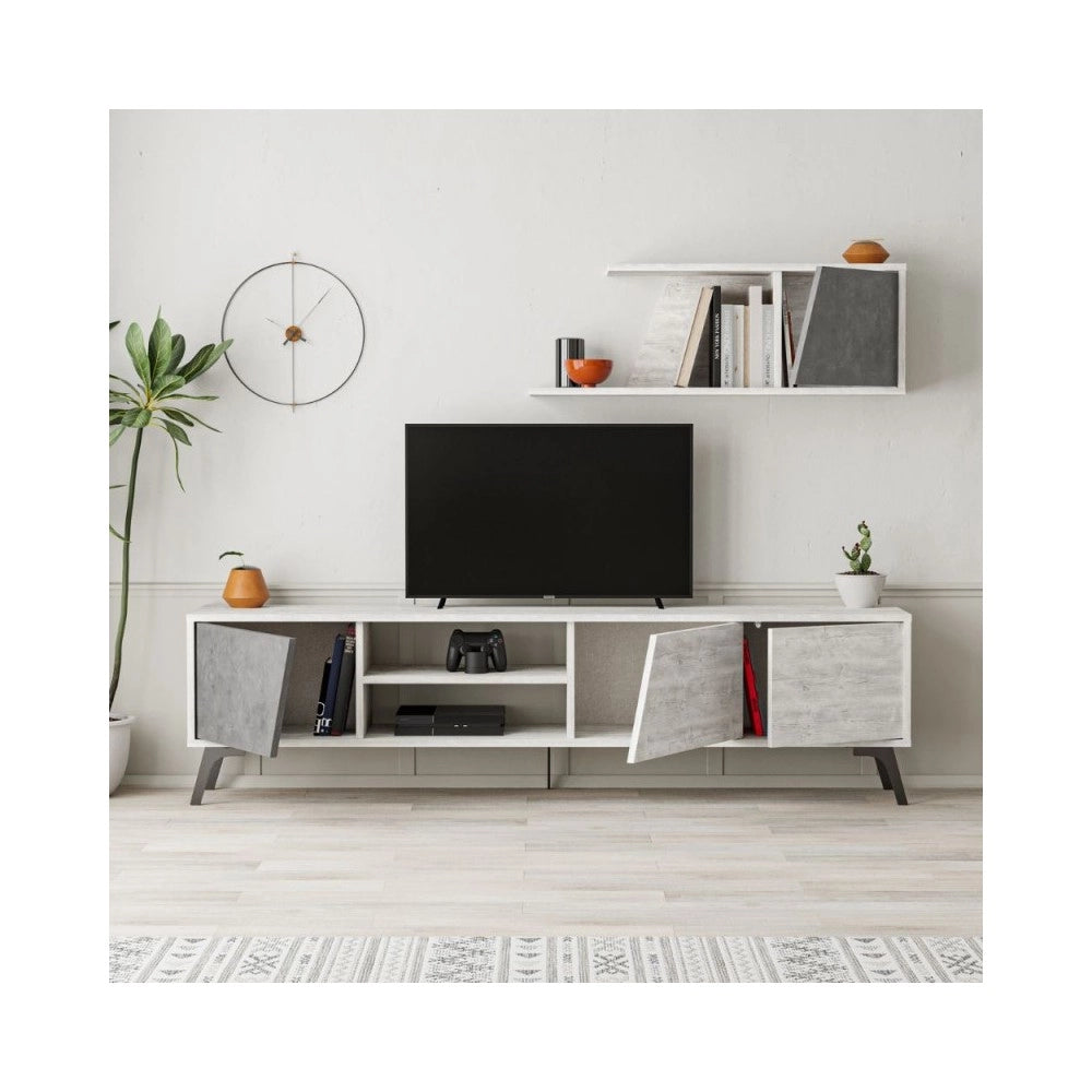 Mobile porta Tv Fiona 180X35,6X48 con mensola a parete colore bianco vintage cemento