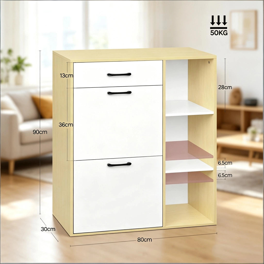 Scarpiera slim con cassetto e 2 ante a ribalta, 3 vani aperti, per ingresso e corridoio, bianco, 80 × 90 × 30 cm