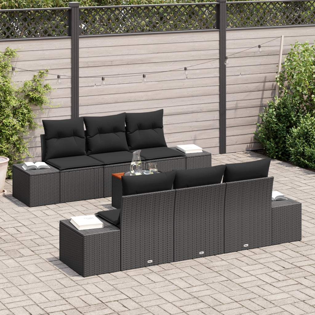 Set di divani da giardino 7 pezzi con cuscini neri in polyrattan
