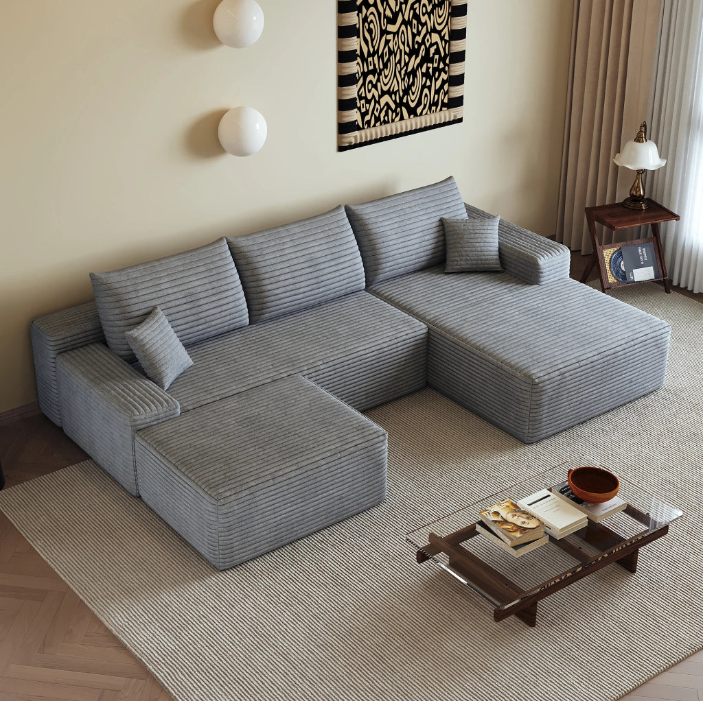 Divano modulare con chaise longue a L in tessuto grigio a coste