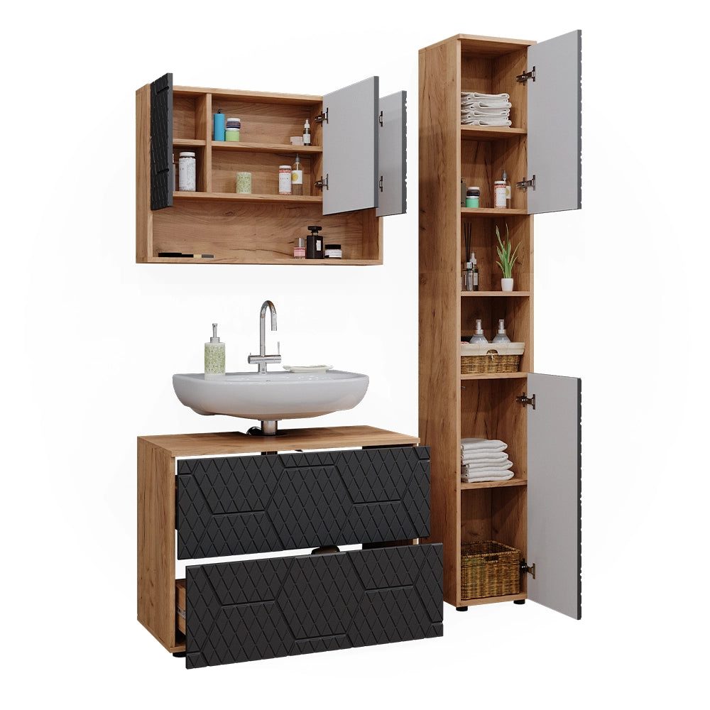 Vicco Set mobili bagno Antracite con struttura a nido d'ape 3 pezzi, con mobile a specchio 80 cm