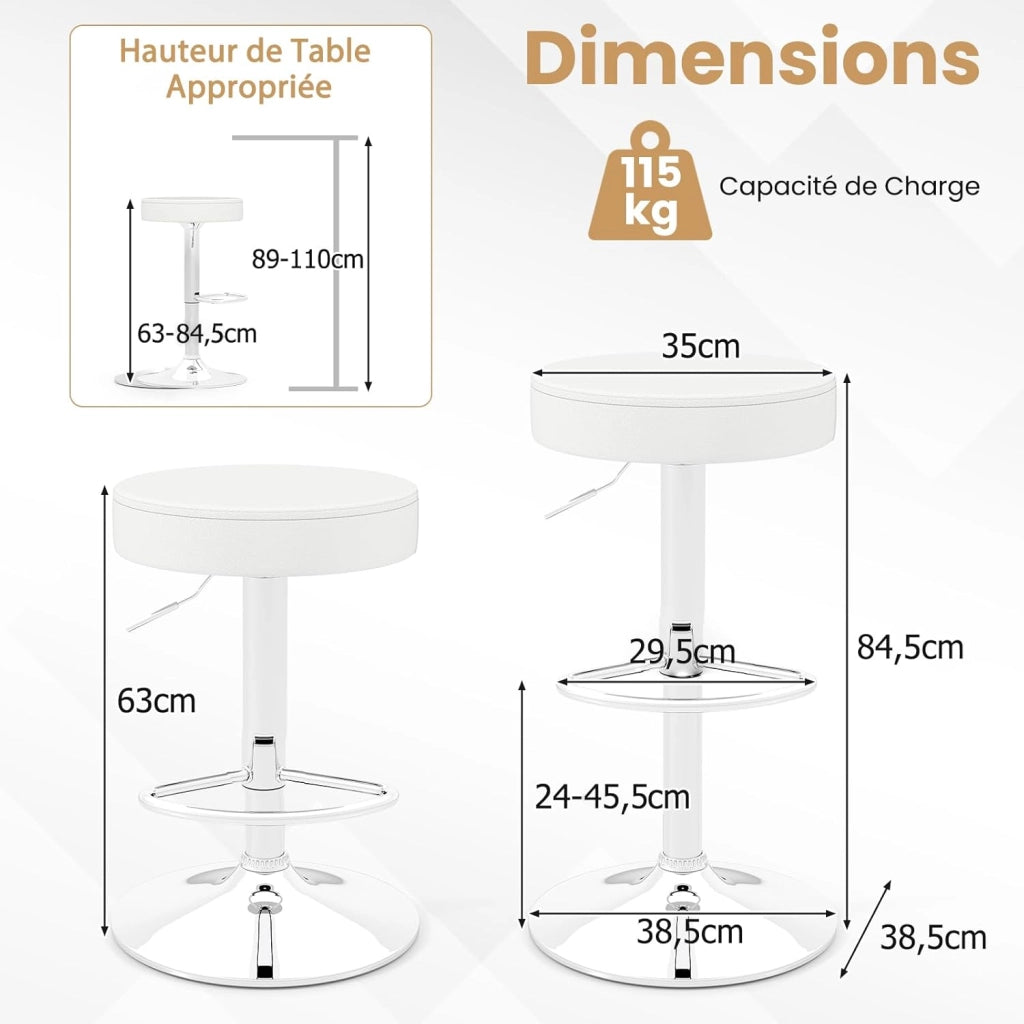 Set di 2 sedie da bar, sgabello girevole a 360° con poggiapiedi, base rotonda e antiscivolo, altezza regolabile da 65 a 85 cm, sedie alte per cucina, bar e soggiorno, colore: bianco