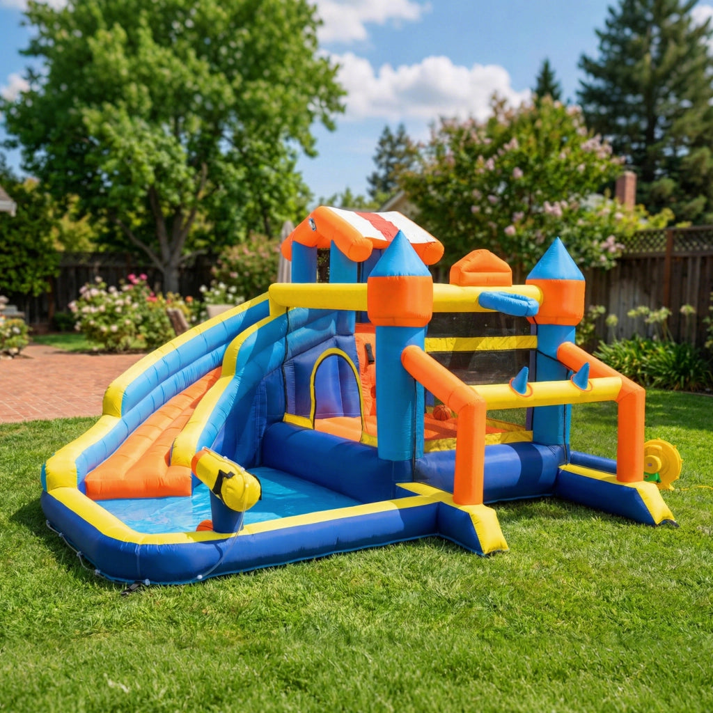 Castello Gonfiabile 8-in-1 con Scivolo Piscina Trampolino Parete Arrampicata ¨C Xylo ¨C 350x325x210cm Multicolore