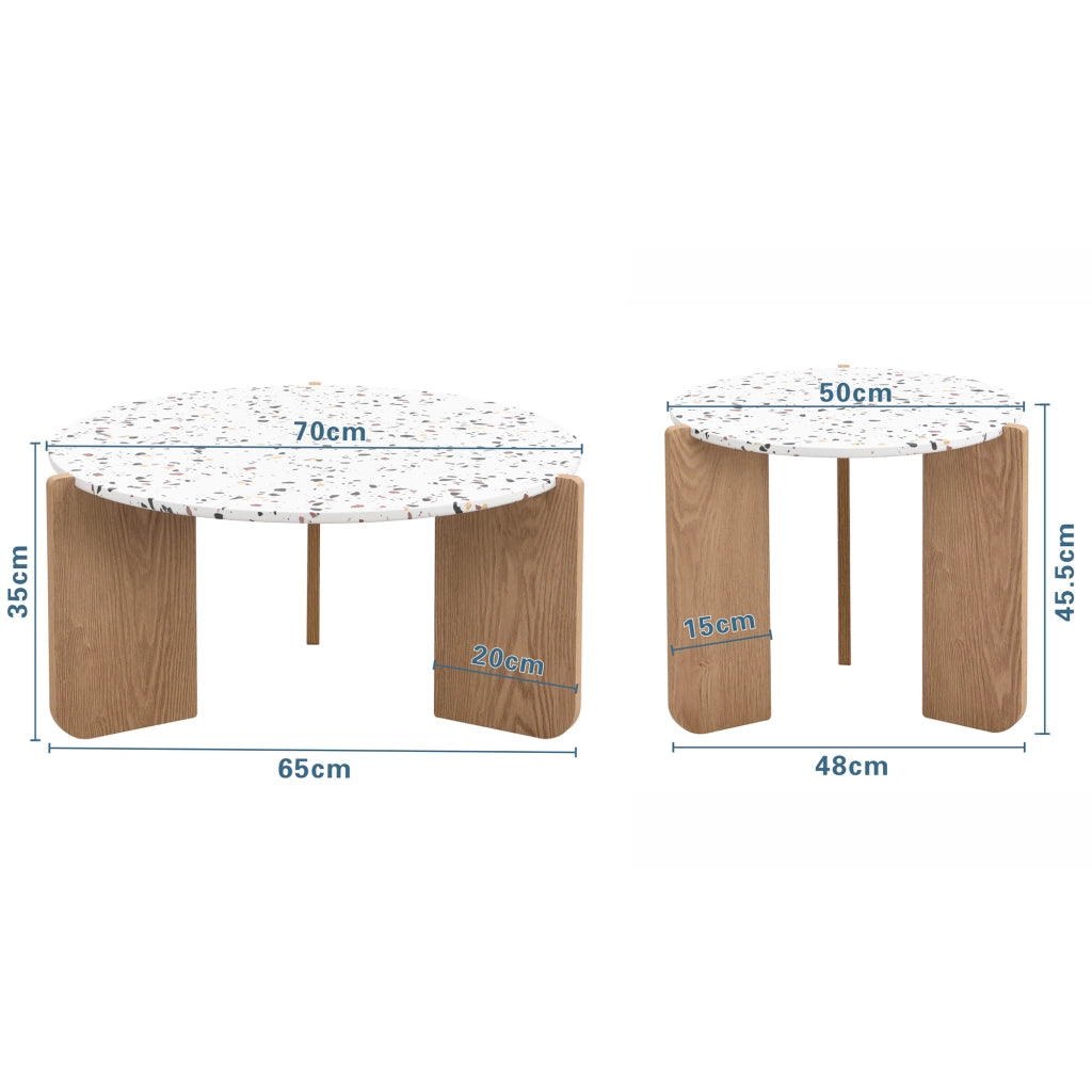 Tavolini da Caffè Rotondi Impilabili con Piani Decorati; Design Salvaspazio per Soggiorno; MDF; Naturale
