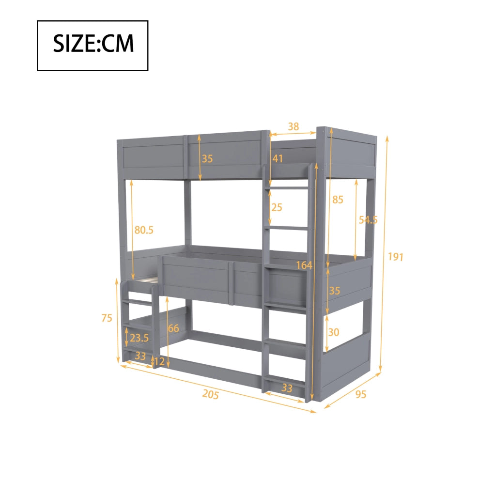 Letto a castello triplo ULEVR 90x200 cm trasformabile, con sponde alte, grigio