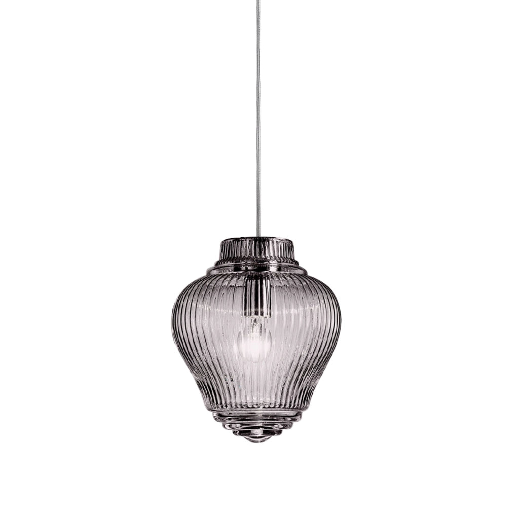 Clyde Lampada a sospensione in vetro soffiato fumè con lavorazione rigadin e struttura in metallo grigio, altezza regolabile, design artigianale