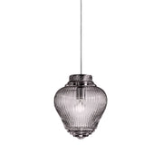 Clyde Lampada a sospensione in vetro soffiato fumè con lavorazione rigadin e struttura in metallo grigio, altezza regolabile, design artigianale