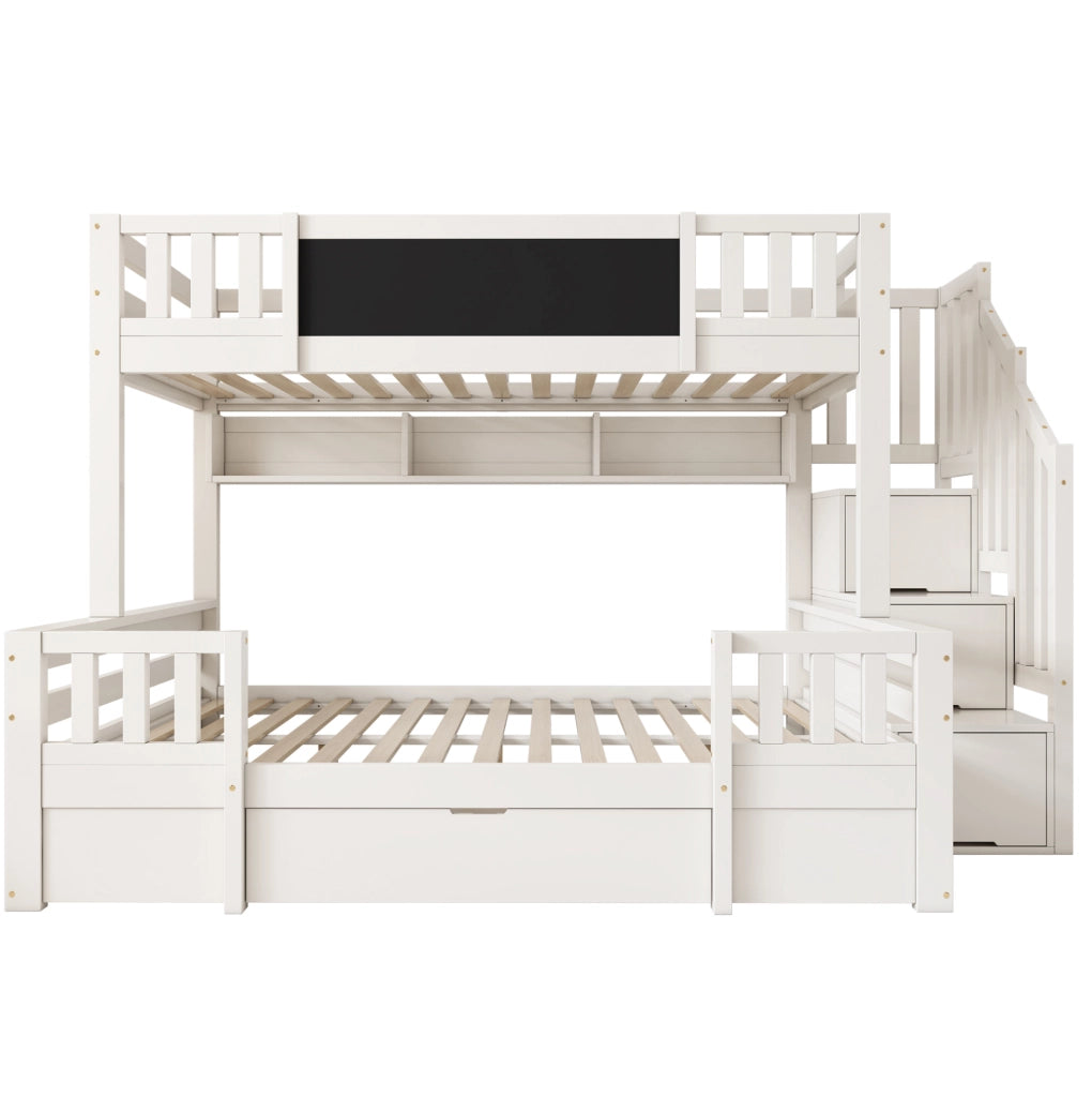 Letto a castello ULEVR 90x200 e 140x200 cm con scala contenitore, cassetti e lavagna, bianco