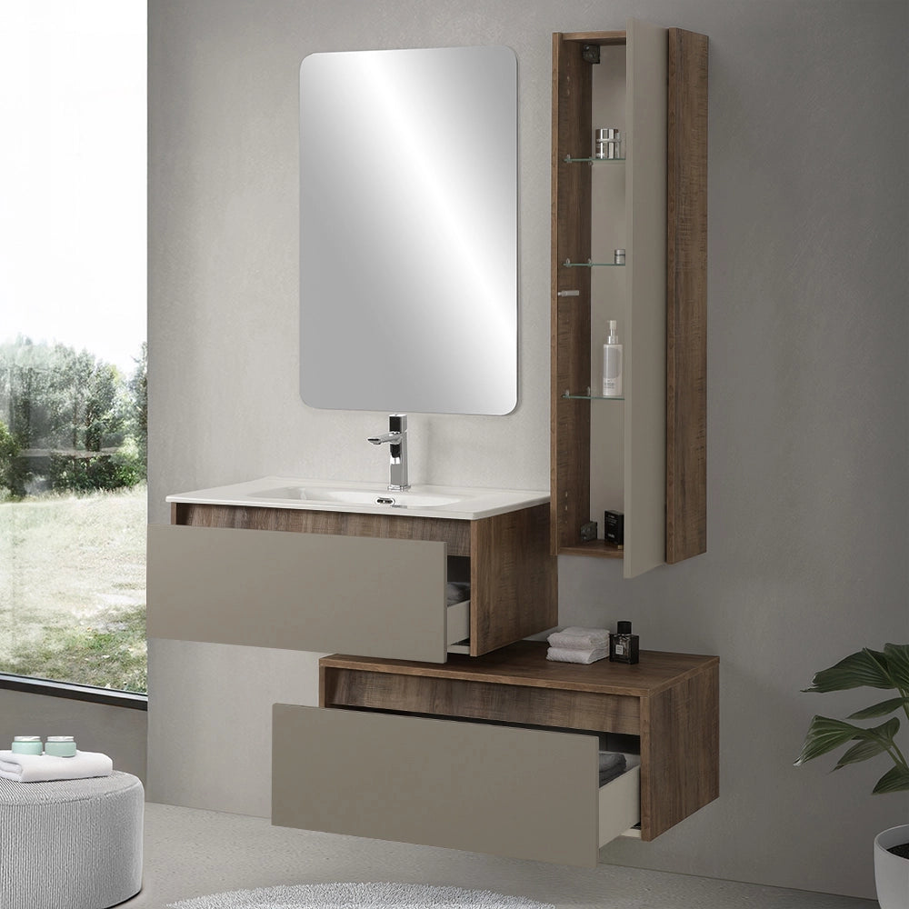 Mobile bagno sospeso 80 cm in legno tabacco e tortora 2 cassetti, colonna, lavabo e specchio Smok