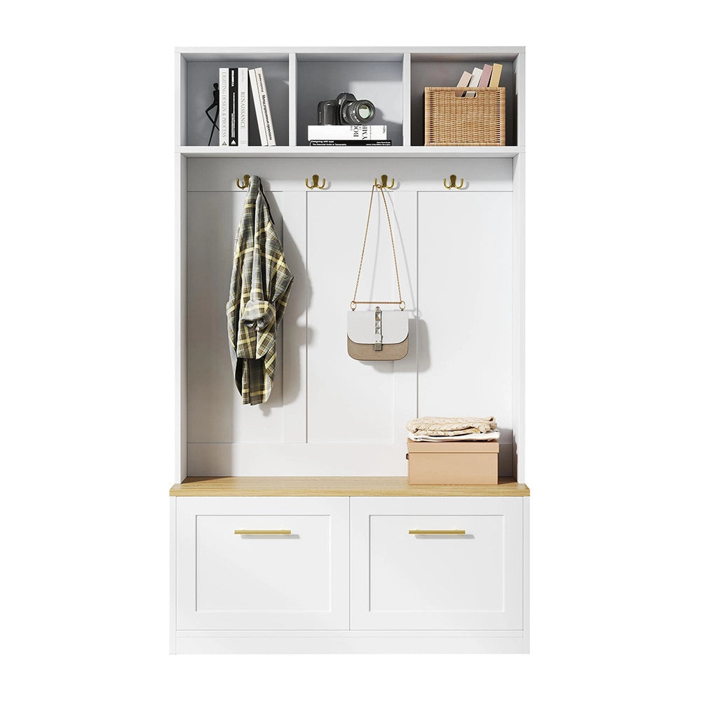 Vestiaire con panchina - Xylo - 105¡Á40¡Á180 cm - Naturale e bianco - 4 ganci e 2 porte