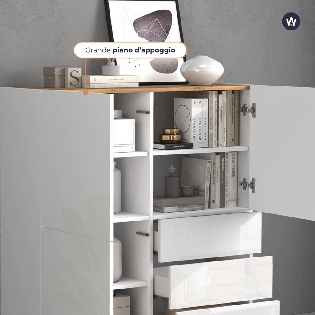 WHOUS Credenza Garda a 3 ante e 3 cassetti bianco lucido e rovere 102x35x110 cm