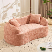 Divano curvo a due posti con supporto ergonomico e cuscini, in schiuma e molle rosa per soggiorno e camera da letto