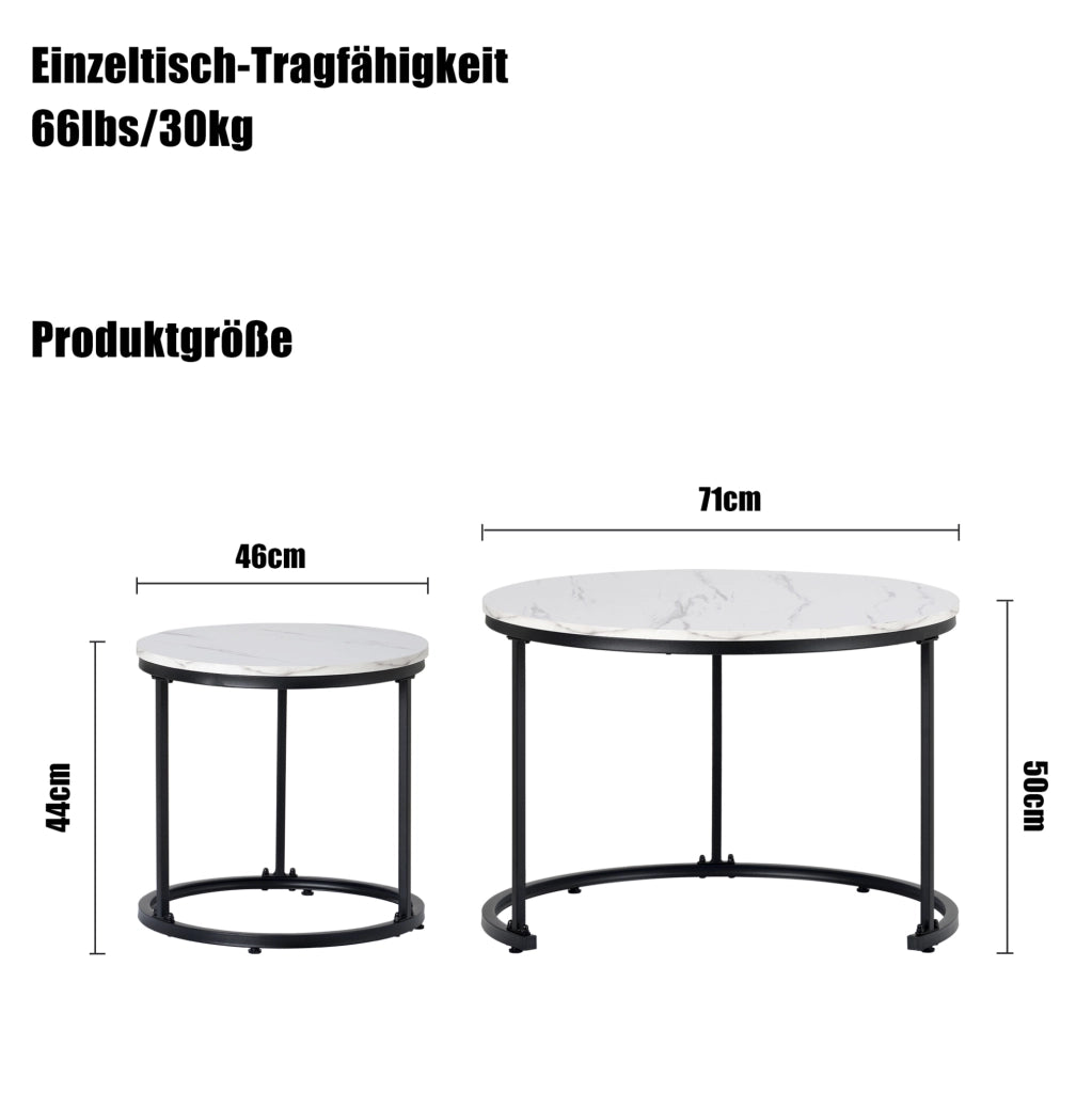 Set di 2 tavolini da caffè rotondi impilabili; effetto marmo bianco; piano in MDF