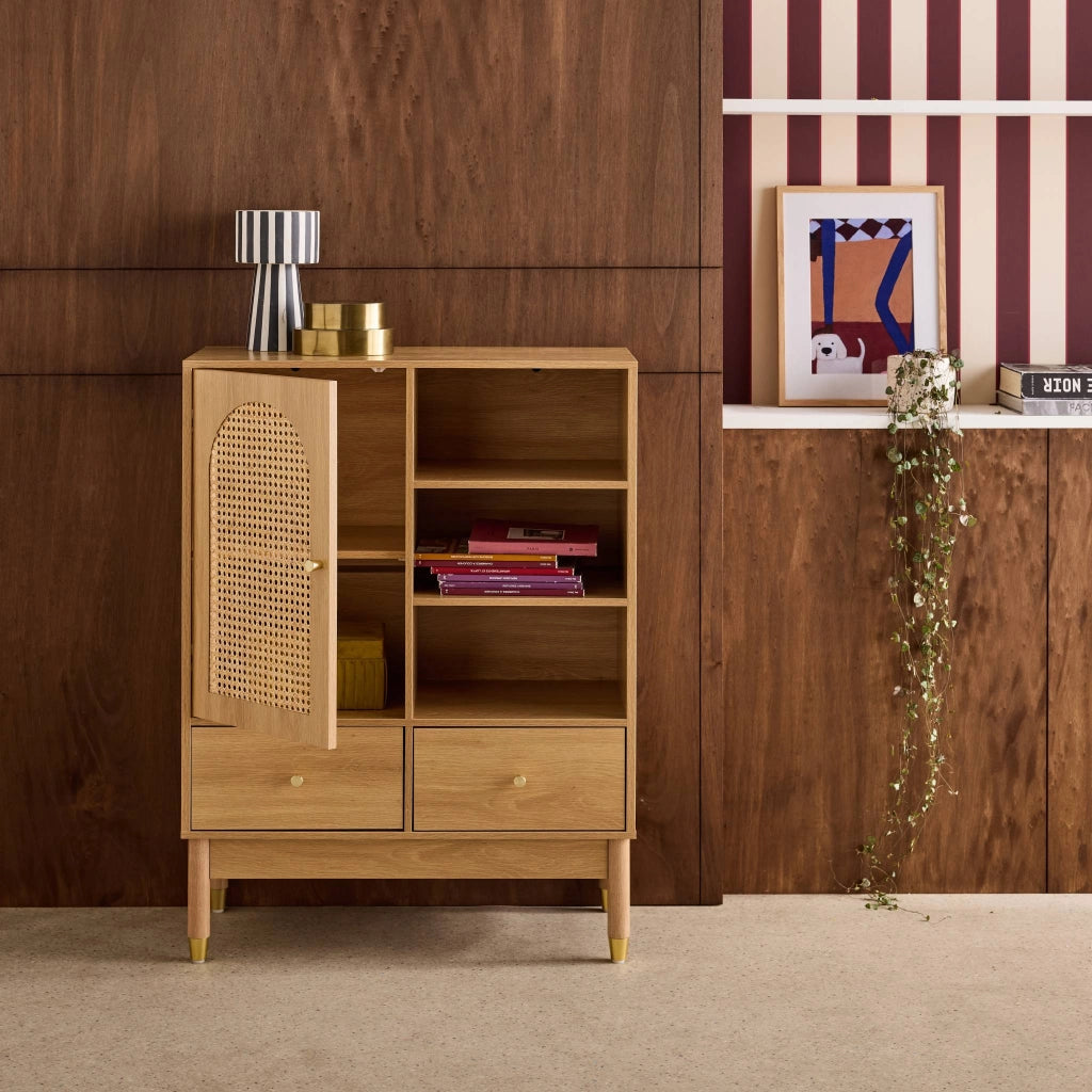 Credenza decorativa in legno e canna 1 anta 75cm, marrone naturale