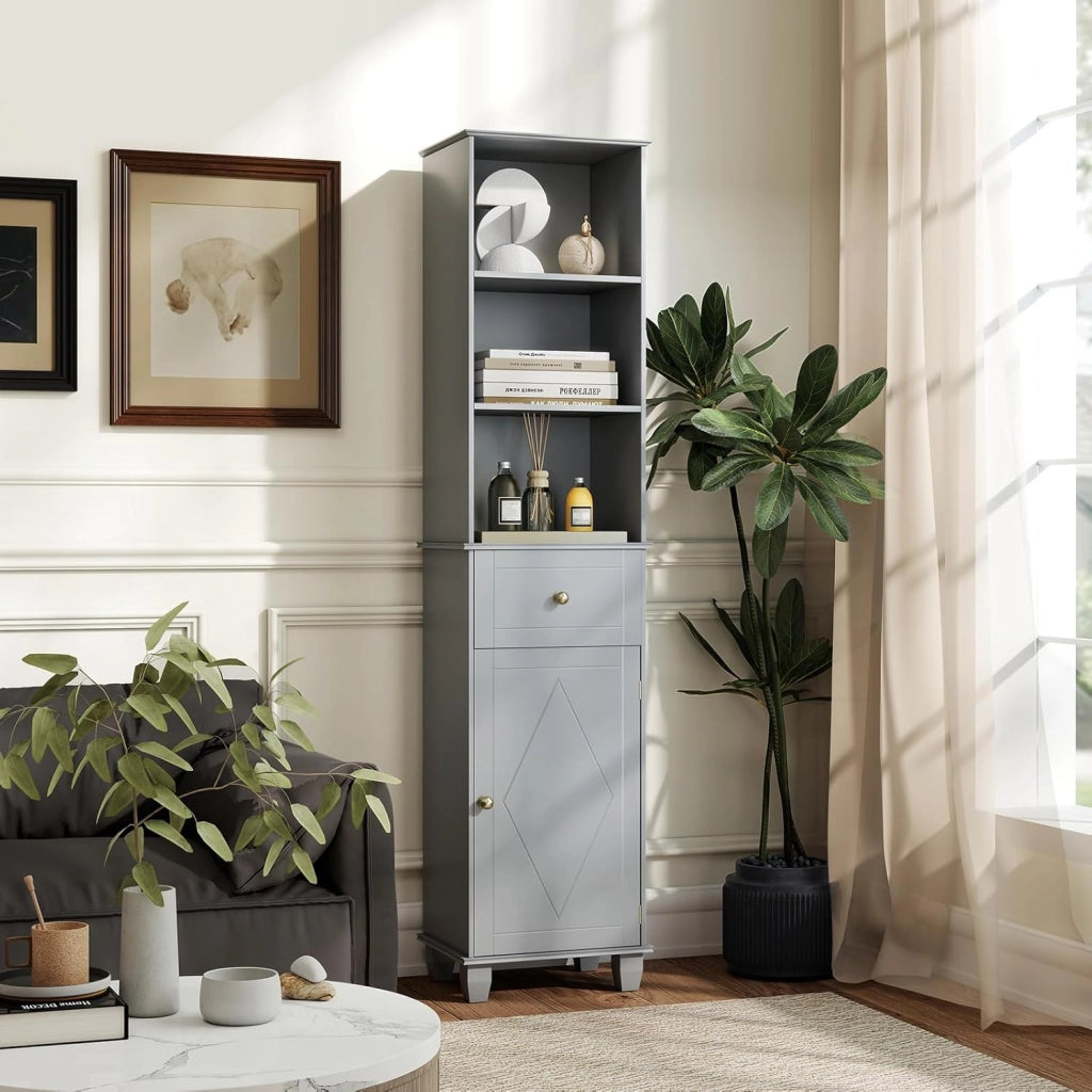 Mobile Bagno Alto 172 cm, Mobiletto Stretto da Pavimento con 3 Ripiani Aperti, 1 Cassetto, 1 Anta e Ripiano Regolabile, Armadietto Salvaspazio Indipendente per Cucina e Soggiorno (Grigio)