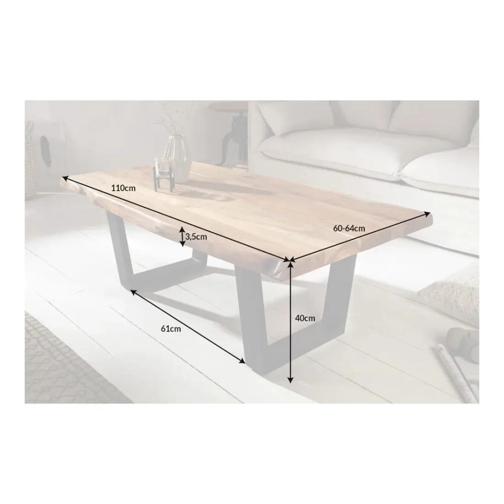 Tavolino basso ARKAYA 110 cm in legno di acacia massiccio con gambe in metallo nero a forma di U