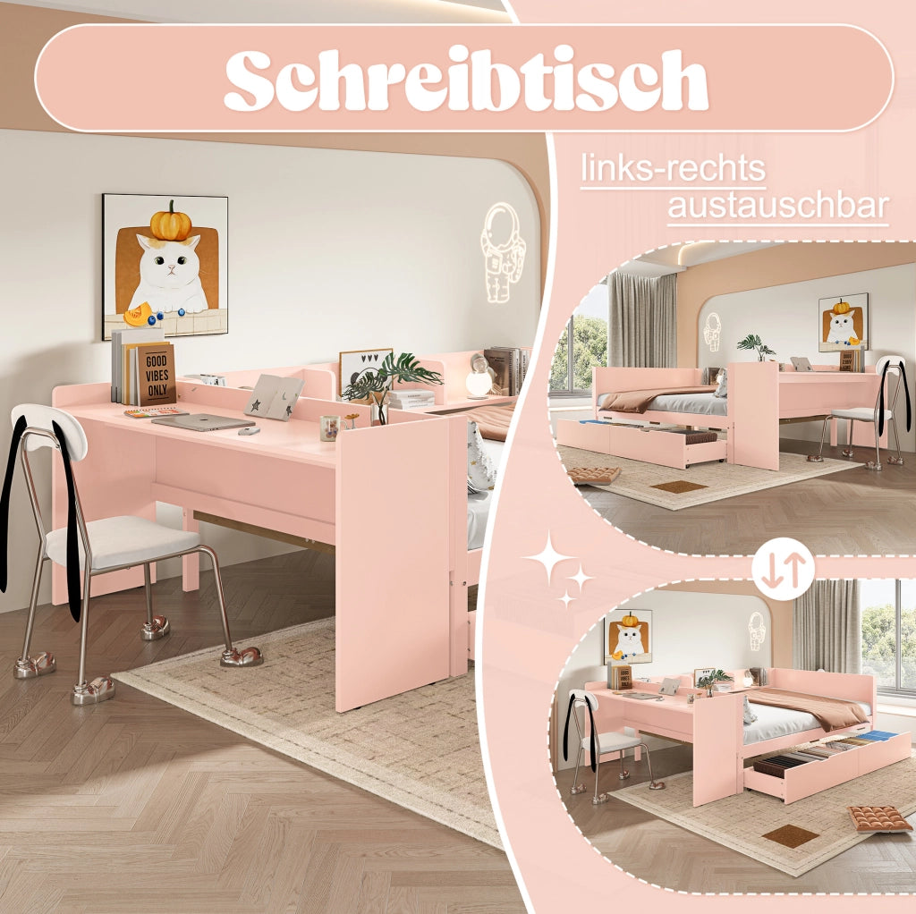 Letto matrimoniale ULEVR 140x200 cm con scrivania, 2 cassetti e 3 ripiani, rosa