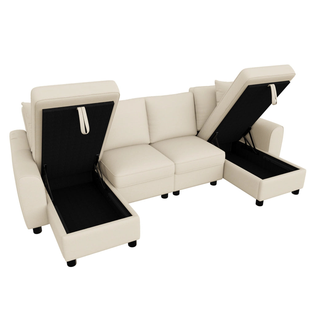 Divano a U in ciniglia beige con vano contenitore, 280 cm