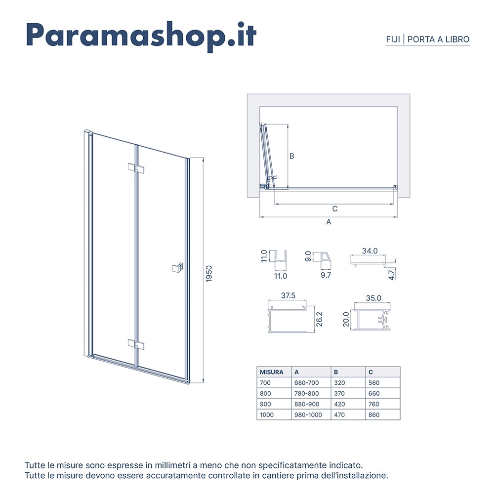 Porta doccia 80cm apertura a libro lato destro con profili cromati e vetro da 8mm trasparente h195 | Fiji