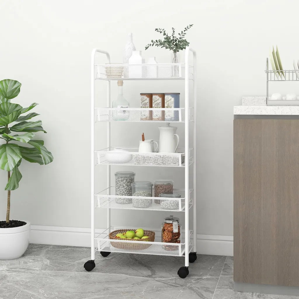 Carrello da Cucina con 5 Ripiani-Scaffale per Cucina Bianco 46x26x105 cm in Ferro