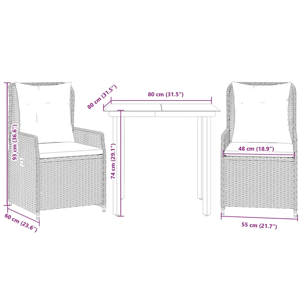 Set da Pranzo da Giardino 3 pz con Cuscini Beige in Polyrattan
