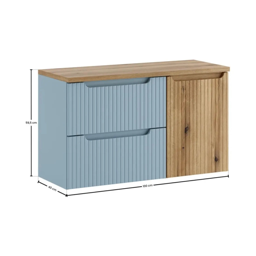 Set VANO denim blu e rovere chiaro 100cm: mobile sotto lavabo con cassetti e cesto della biancheria integrato + piano per lavabo.