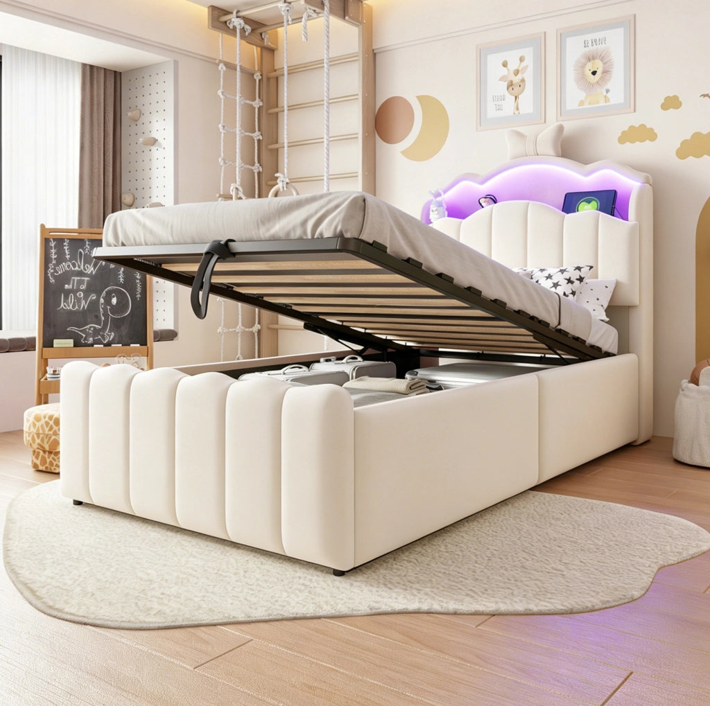 Letto per bambini imbottito ULEVR 90x200 cm con contenitore idraulico, LED a colori, USB e USB-C, beige
