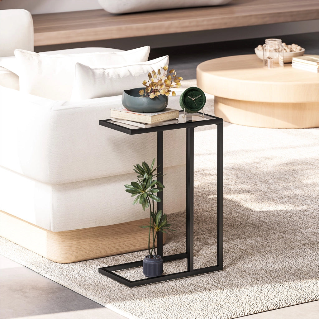 Tavolino da Caff¨¨ in Vetro e Acciaio a Forma di C, 46x25x63.5 cm, Nero