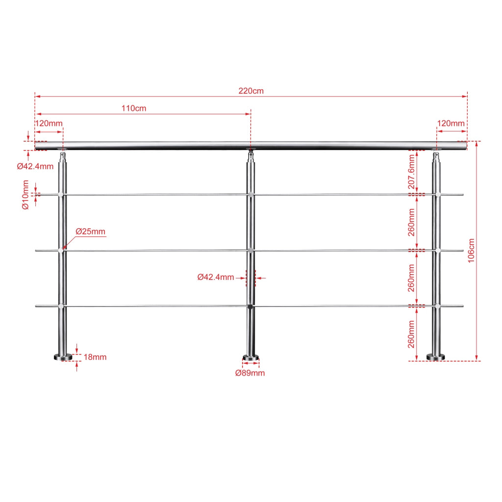 Ringhiera Balaustra Corrimano in acciaio inox spazzolato 220x106cm per interni ed esterni 3 barre trasversali