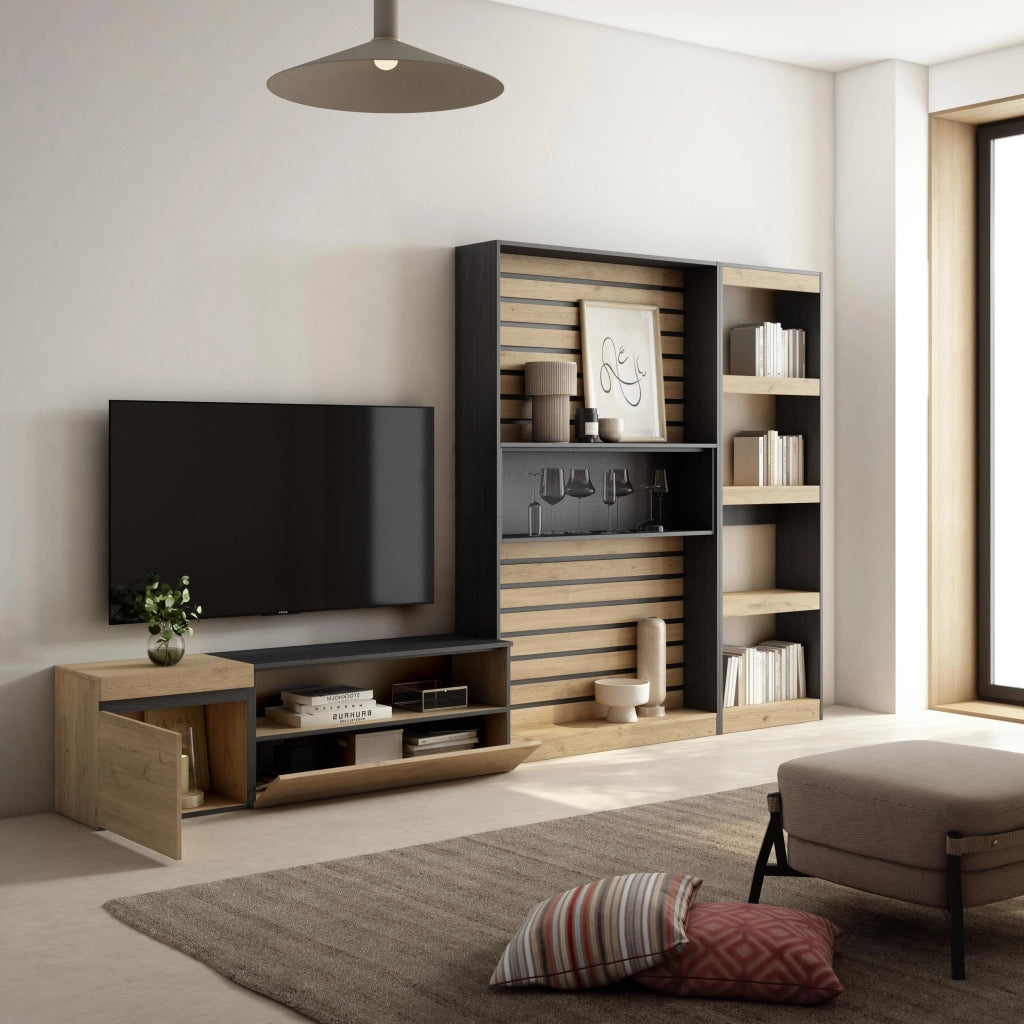 Mobile TV, Soggiorno, 320x35x186cm, Set di mobili, colore Rovere e nero RF2592