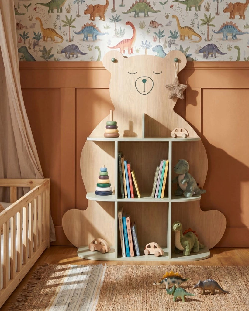 Libreria per bambini in MDF marrone chiaro/verde a forma di orsetto a 3 ripiani per giocattoli e libri