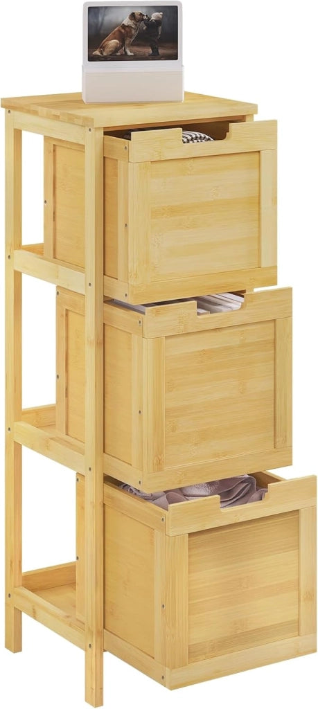 Mobile da Bagno Autoportante, Mobiletto con 3 Cassetti Estraibili, in Bamb, 30x30x90cm, Colore Naturale per Salotto, Camera da Letto, Cucina