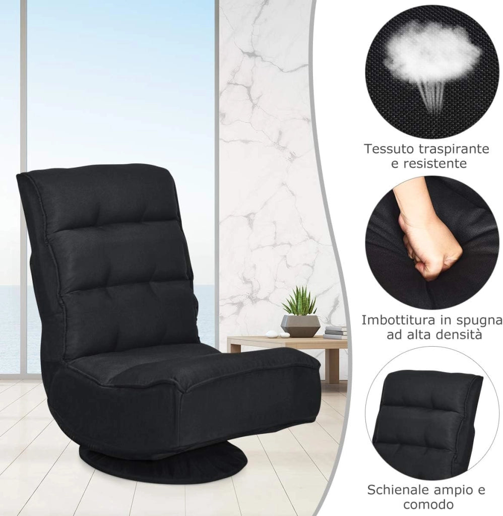 Poltrona Sedia Relax Pieghevole Reclinabile Girevole, Divano Comodo per Studio Salotto, con Schienale, Ottima per Rilassarti, Nero
