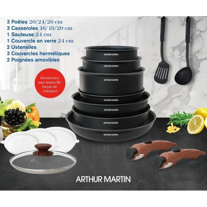 Arthur Martin AM1502 Set pentole 15 pezzi - manico estraibile effetto legno - tutte le fonti di calore compresa l'induzione