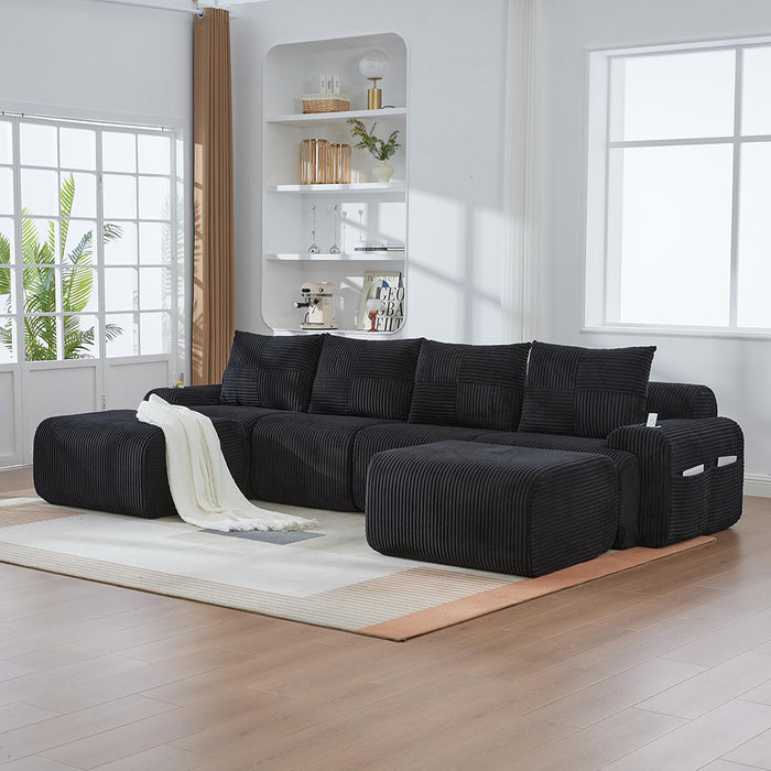 Canap¨¦ modulable 4 posti in velluto costato - Xylo - Con 2 sgabelli, porta-bibite e tasche laterali