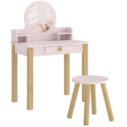 Set Toeletta Trucco per Bambina 55x34x82 cm con Sgabello Specchio e Cassetto in Legno Rosa